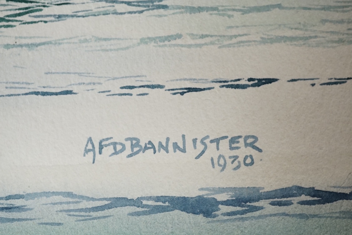 A F D Bannister, set of six original watercolours for postcard designs, Ocean going vessels to include Otranto, Orient Line, Highland Monarch Royal Mail Line and Arandora Star Blue Star Line, each with original pencil in